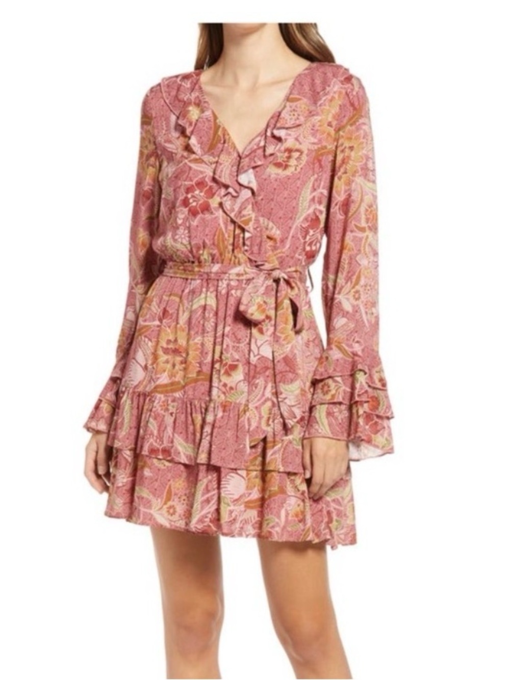 Anthropologie Rose Pink Floral Ruffle Tie-Waist Mini Dress - Picture 2 of 6